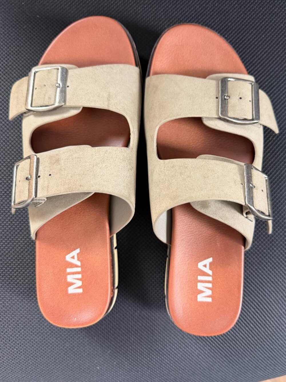 MIA Esei Beige Platform Slide Sandals Double Buckle Vegan Suede 6.5